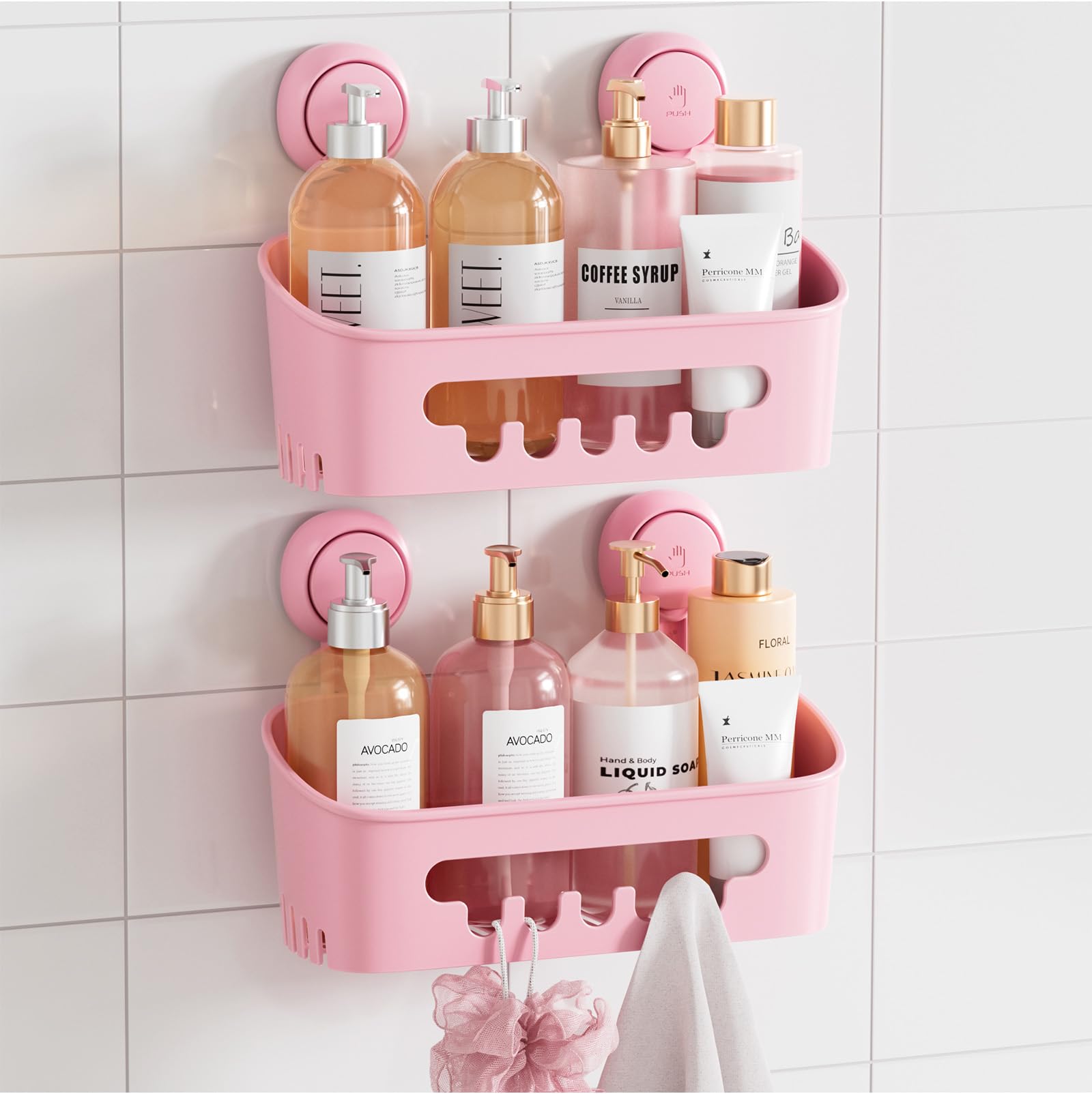Photo 1 of TAILI Shower Caddy Suction Cup 2 Pack, Heavy Duty Bathroom Organizer, Removable Shelves for Inside Shower, Shampoo, Waterproof Suction Plastic Storage for Bathroom Accessories Holder, Pink