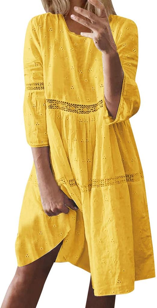 Fhuuly Summer Women's Crew Neck Dresses Hollow Out Splice Loose Dress, Ladies Boho 3/4 Sleeve Mid-Long Dresses Summer Beach Midi Dresses