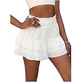 SOLY HUX Women's Ruffle Shorts Shirred Elastic High Waisted Layered Wide Leg Summer Shorts