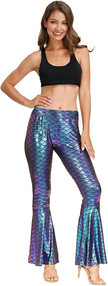 Spadehill Halloween Women's Mermaid Flared Shiny Legging Pants: Clothing