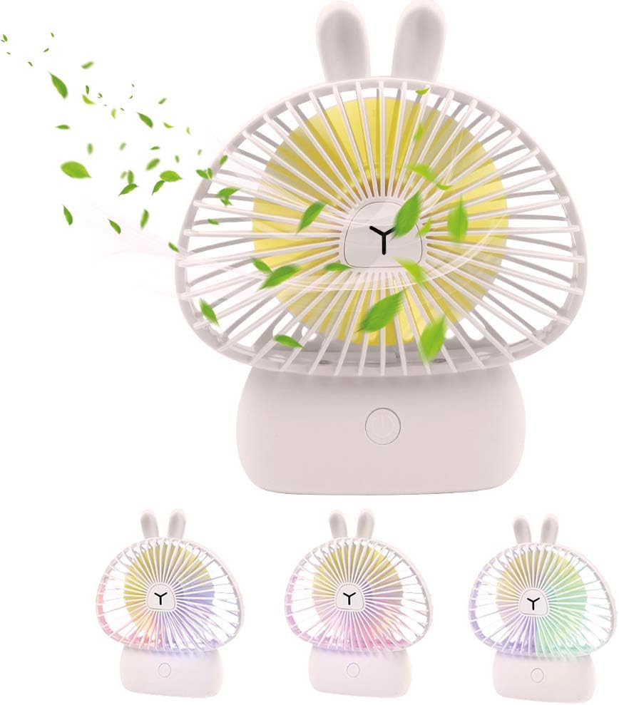 TekHome USB Cooling Fan Desktop with Lights, Mini Hand Held Fan Battery Powered, Small Portable 120mm Silent Electric Personal Fan for Girls Women, Office Desk Accessories, 1200mAh, 3 Speed, White.