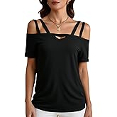 winkbay Women's Summer Cold Shoulder Cut Out Tops Dressy Casual Short Sleeve Going Out T Shirts