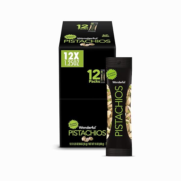 WONDERFUL PISTACHIOS IN SHELL, ROASTED AND SALTED NUTS, 1.25 OUNCE BAG (PACK OF 12), PROTEIN SNACK, ON-THE GO, INDIVIDUALLY WRAPPED HEALTHY SNACK