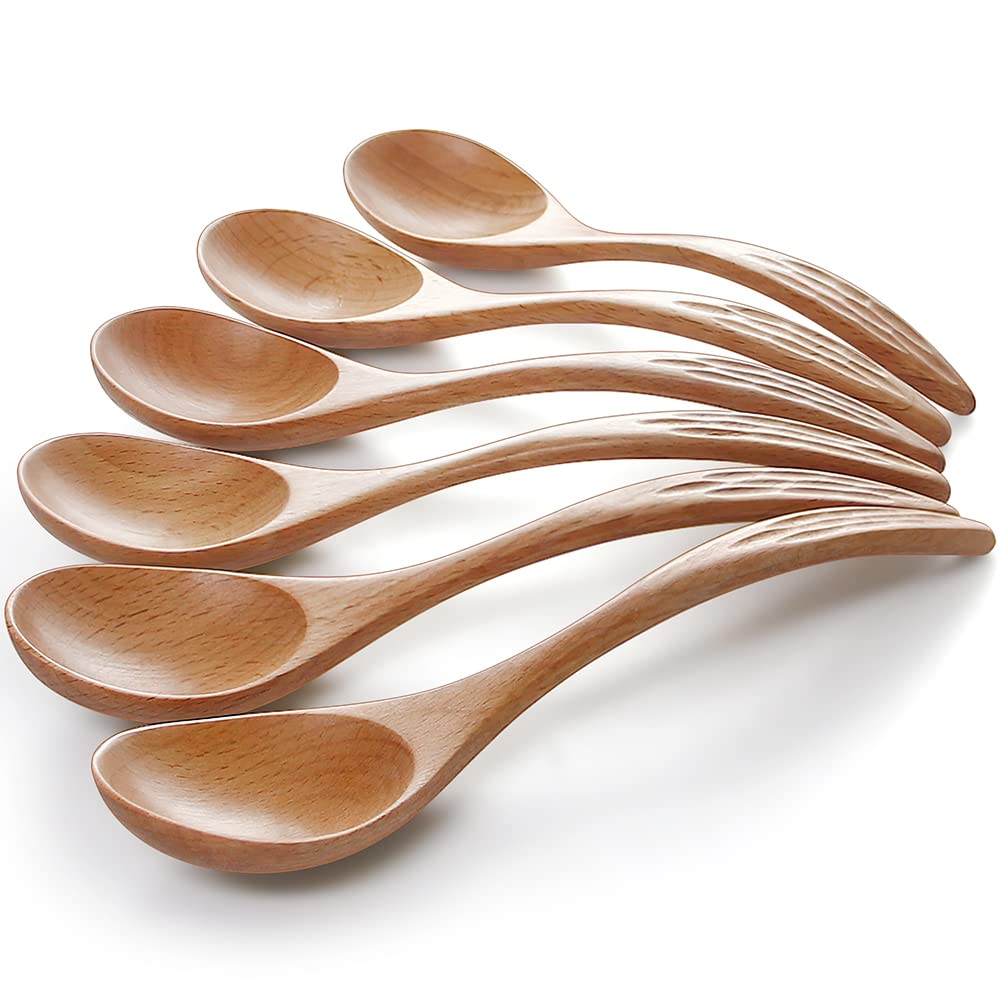 YFWOOD Wooden Spoons 6 Pcs, Janpanese Style Soup or Porridge Spoon 6.89inch X 1.77inch, Well Made Light Weight Teaspoons Kitchen Utensil for Eating Mixing Stirring Cooking