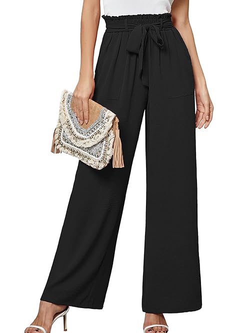 Heymoments Women's Wide Leg Pants with Pockets Black Large Lightweight High Waisted Tie Knot Paperbag Dressy Palazzo Loose Paper Bag Comfy Business Casual Work Flowy Trousers
