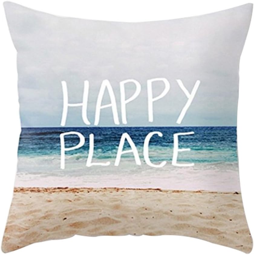 YANGYULU Happy Place Sea Beach Cotton Linen Home Decorative Throw Pillow Case Sofa Cushion Cover 18" x 18"