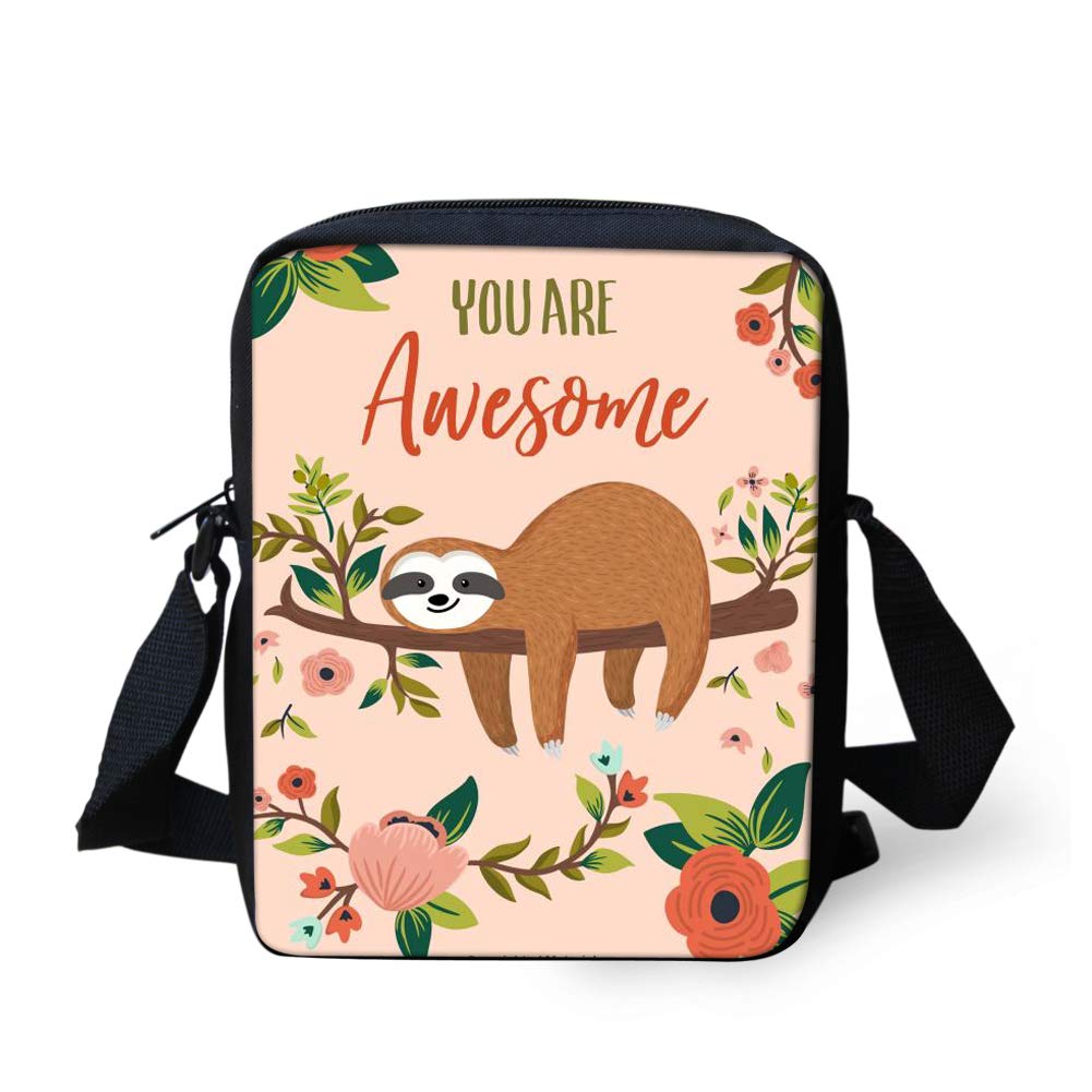 Woisttop Cute Sloth Flower Pink You are Awesome Print Design Small Crossbody Bags for Womens Girls Shoulder Purse Handbag