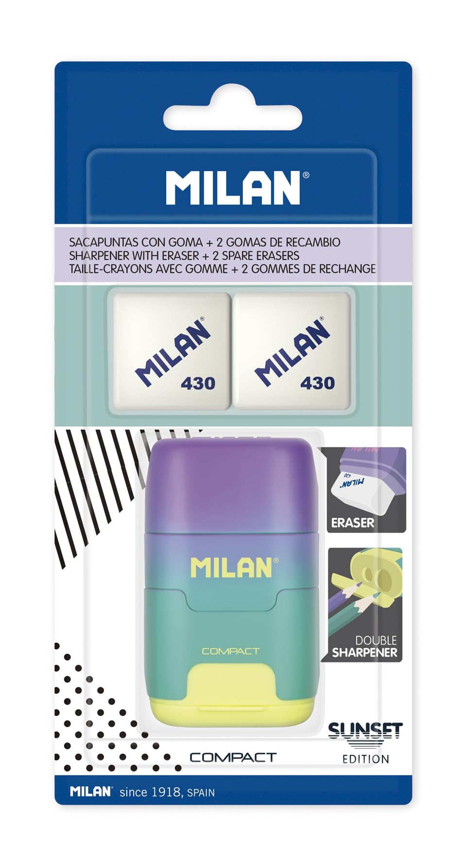 MILAN Blister Pack Turquoise Sunset Compact Sharpener + 2 Replacement Erasers BYM10454