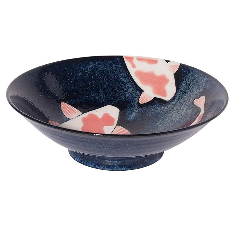 Japanese Mino-yaki Ceramic Donburi Bowl, Extra Large Size for Ramen, Salad, Made in Japan, 25.5cm, Luck Bringing Red Carp Pattern, Black 8309091