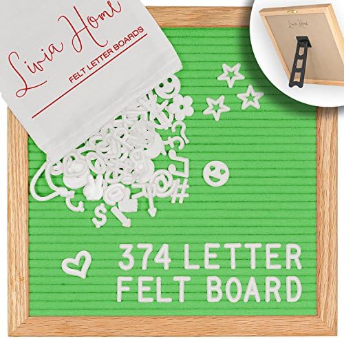 Letter Board - Green Felt with 374 Plastic Changeable Characters - Solid Oak Frame 10 x 10 inch Square - With 7x5 inch Canvas Storage Bag - Vintage Desktop Display by Livia Home