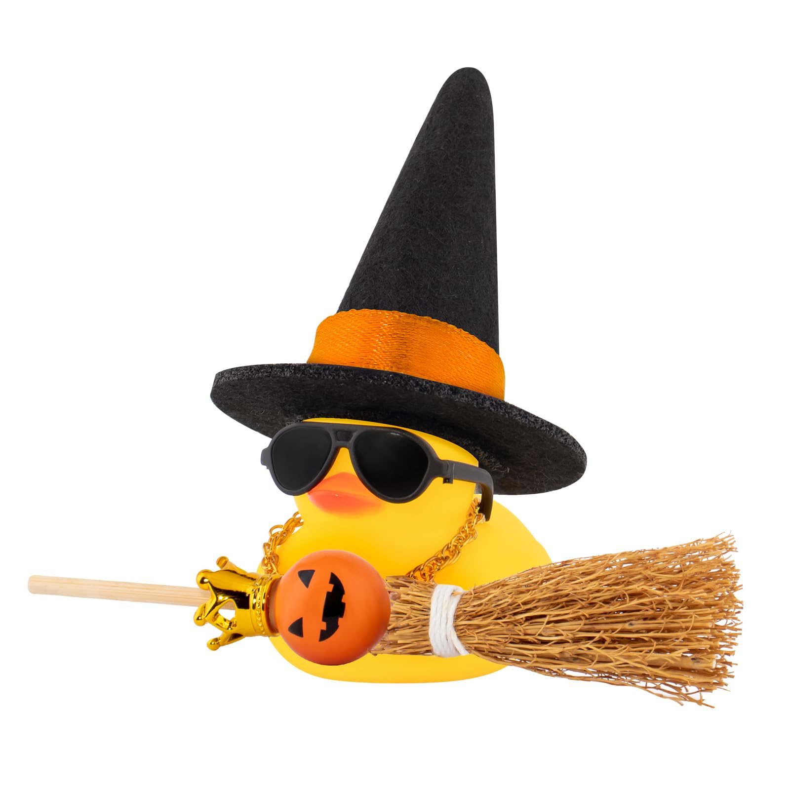 Photo 1 of wonuu Halloween Decoration Rubber Duck with Pumpkin Elf Broom Sunglasses Necklace Doll Clown Ghost Face Ball for Car Ornaments Home Table Decor, Black Orange Hat with Pumpkin