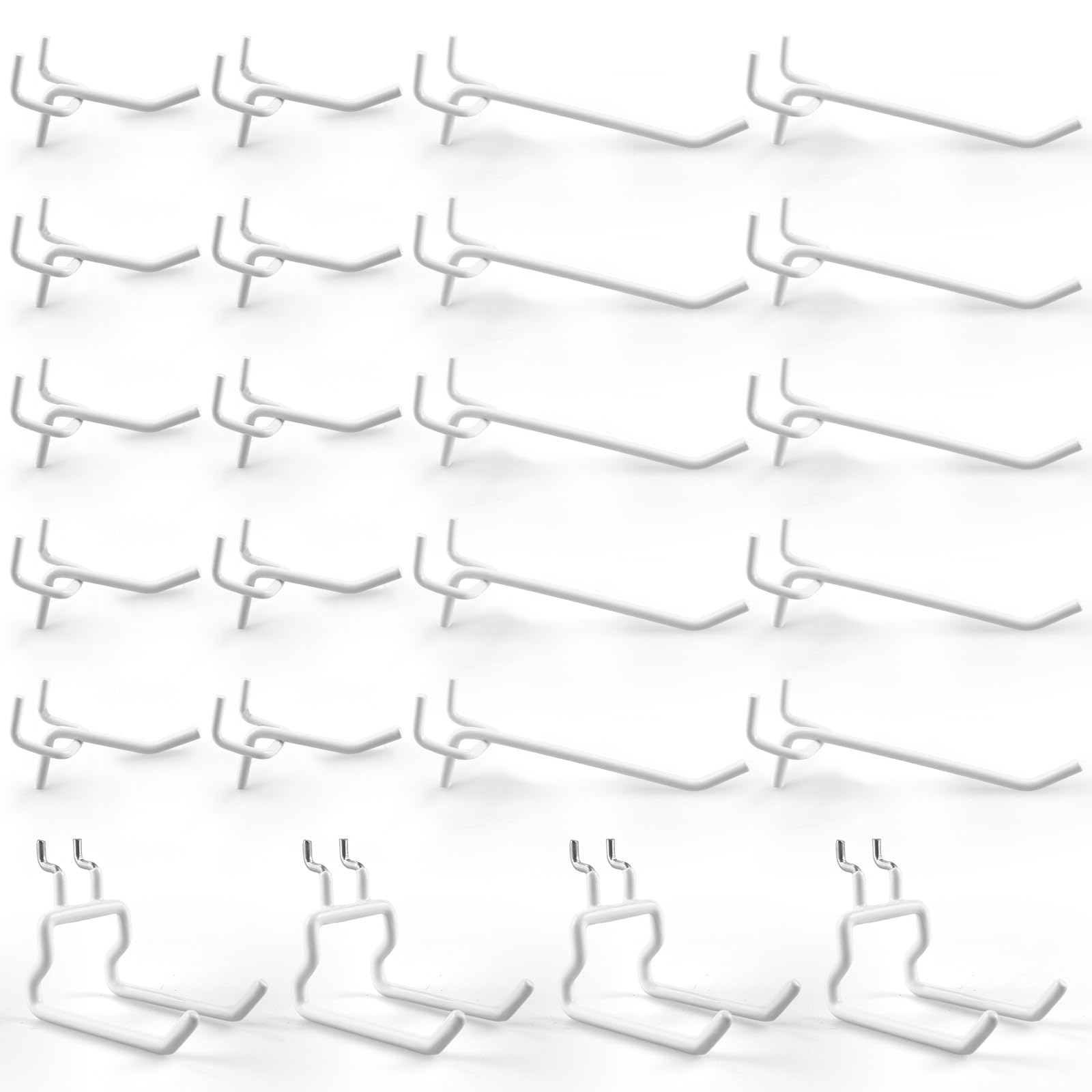 Photo 1 of G.CORE 24-Pack Pegboard Hooks, 2" 4" Peg Board Tool Utility Hangers Fit 1/4" Pegboards, Heavy Duty Metal Shelving Brackets, Wall Organizers and Storage for Craft Room Garage Workbench Office (White)
