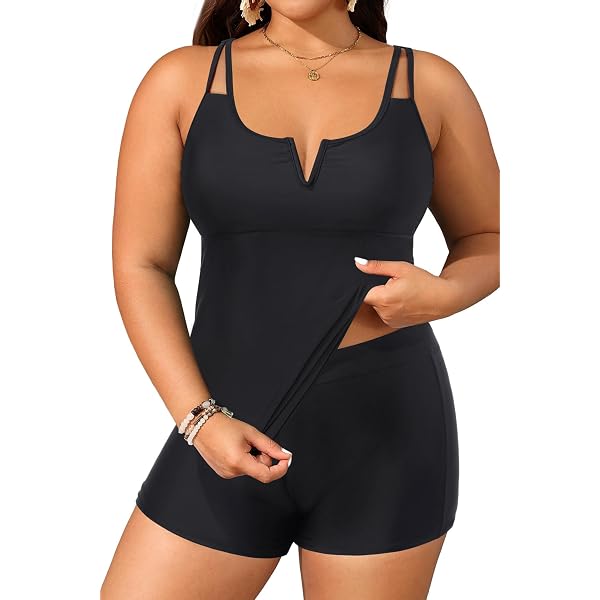 Yonique Plus Size Tankini Swimsuit 2-Piece With Shorts - Tummy Control & Flowy Top (Red & Blue, 18 Plus) - View #3