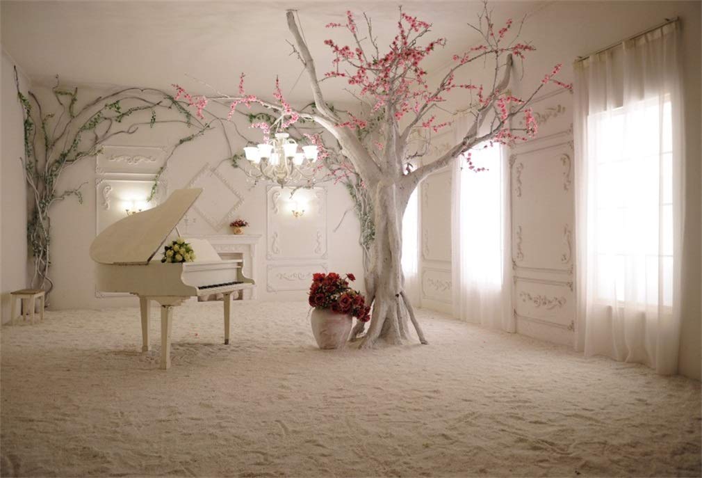 YongFoto 7x5ft Photography Backdrop Interior White Piano Pink Flowers Trees White Curtain European Archiculture Photo Background Backdrops Photography Video Party Kids Portrait Photo Studio Props