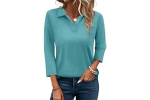 PGANDS Women's 3/4 Sleeve T Shirts Summer V Neck Button Down Polo Shirts Collared Casual Loose Fit Tops