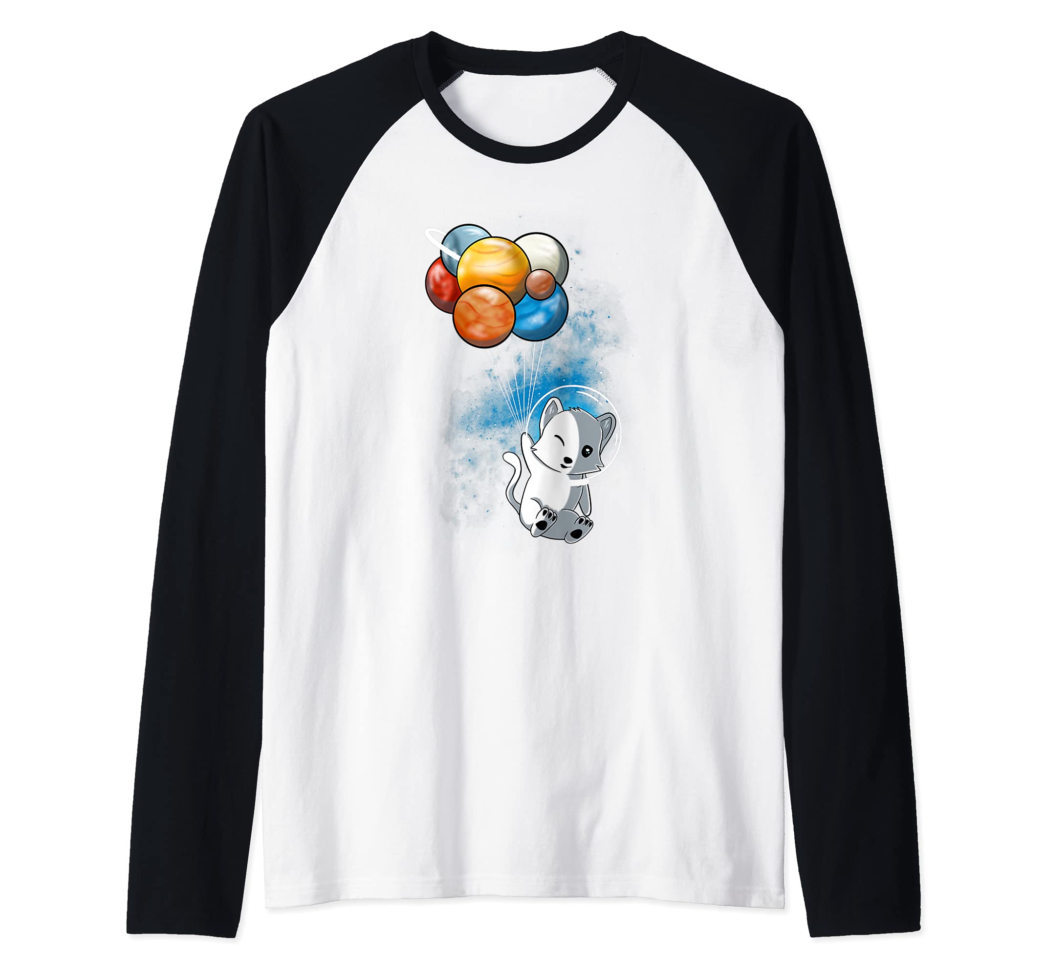 Funny Outer Space Cat Balloon Planets Space Travel Universe Raglan Baseball Tee