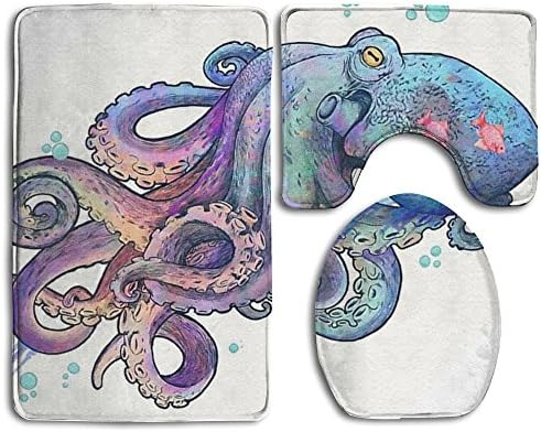 Valentine's Day Bathroom Accessories Bath Rug Sets 3 Piece Bathroom Non-Slip Floor Rug Oceanic Octopus Style Pedestal Rug + Lid Toilet Cover + Bath Mat For Kids Womens
