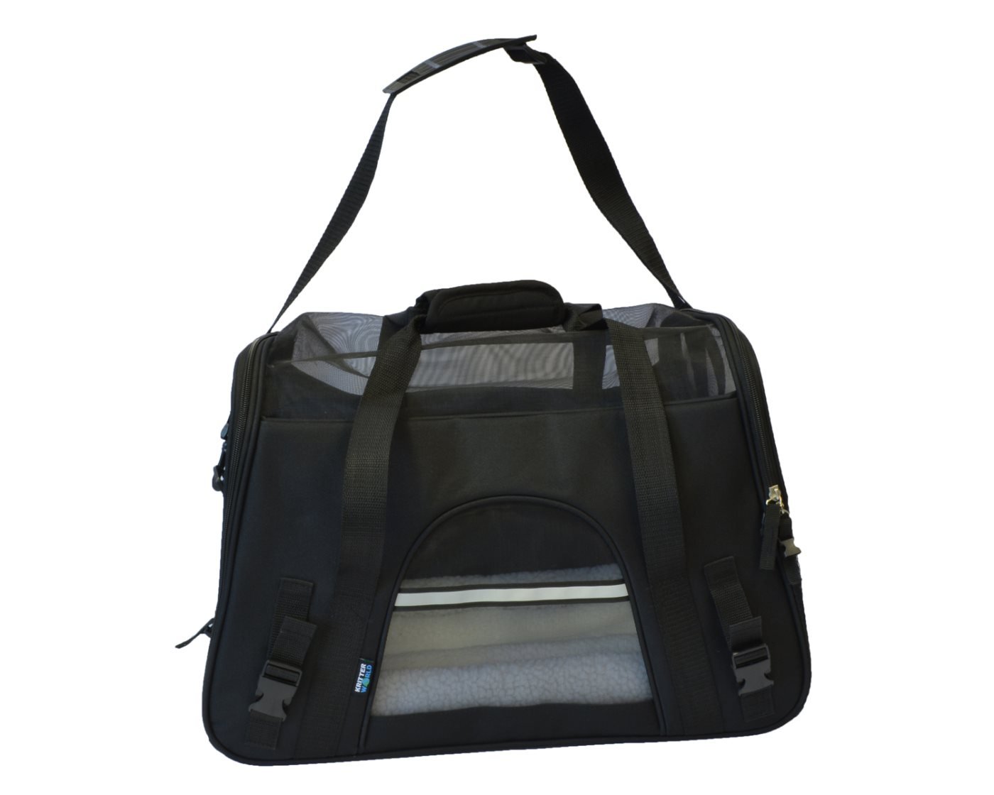 KritterWorld Soft Side Pet Carrier Travel Bag for Small Dogs and Cats Airline Approved | Removable Sherpa Lining Bed, Safety Buckle Zippers, Seat Belt Buckle Included by Black