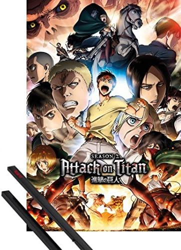 Amazon Com 1art1 Attack On Titan Poster 36x24 Inches Season 2 Collage Key Art And 1 Set Of Black Poster Hangers Kitchen Dining