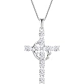 Vinoya Crown Cross Necklace for Women 925 Sterling Silver Pear Shaped Birthstone Necklace Cross with Rotatable Crown Pendant Fine Jewelry