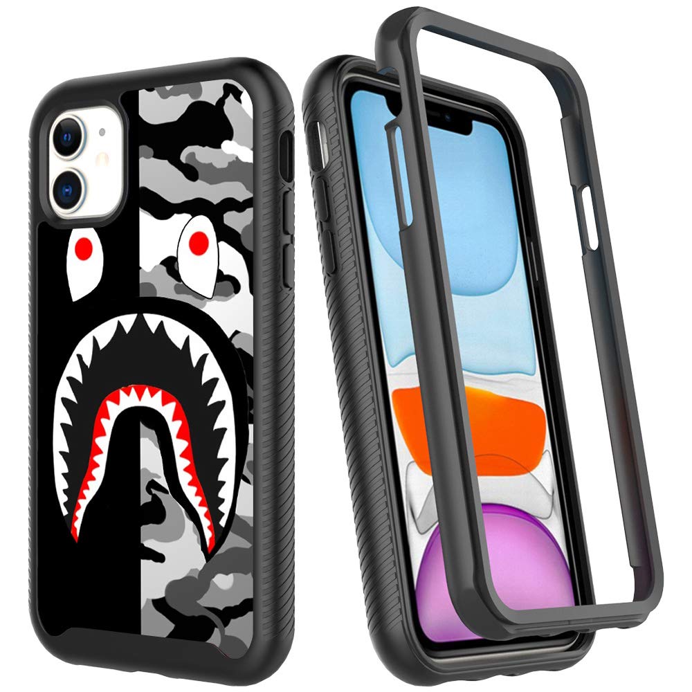 Street Fashion Black Gray Shark Design Compatible iPhone 12 Case/12 Pro Case for Boy Man,Luxury Shockproof Rugged Cover Dual Layer Soft TPU + Hard PC Bumper Full-Body Protective Case