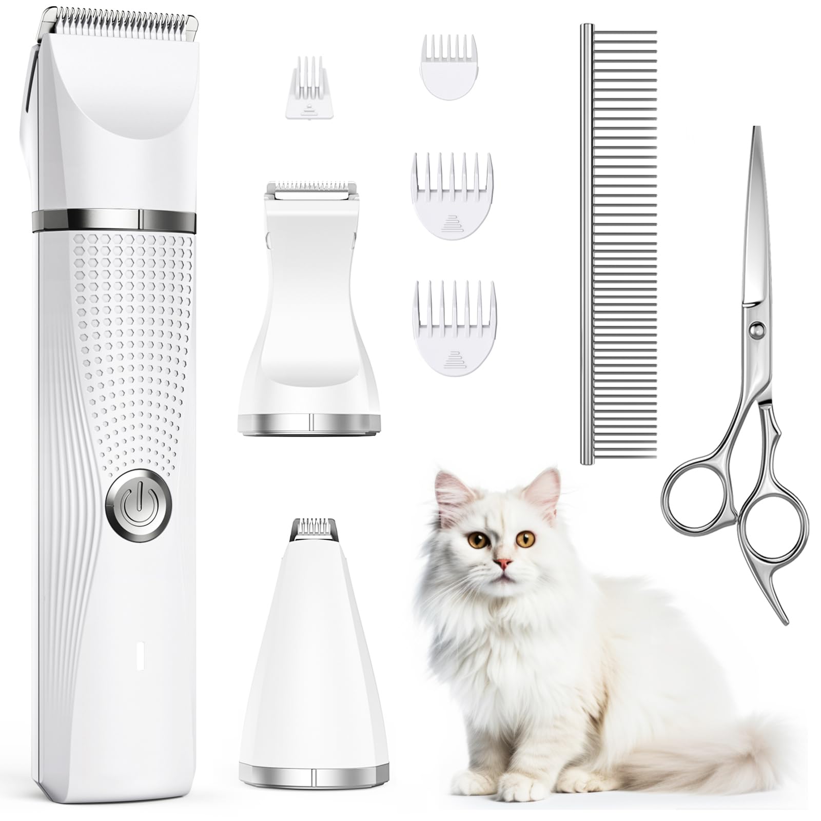 Bautrium Cat Grooming Clippers Kit, Low Noise Cat Shaver for Matted Fur Claw - Paw Trimmer for Dogs with Stainless Steel Scissors Combs & USB-C Charging Cable