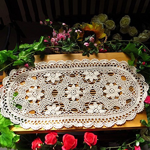 Ustide Hand Crochet Cotton Lace Table Runner Beige Table Placemats Oval Table Doilies,11.8"X27.6"