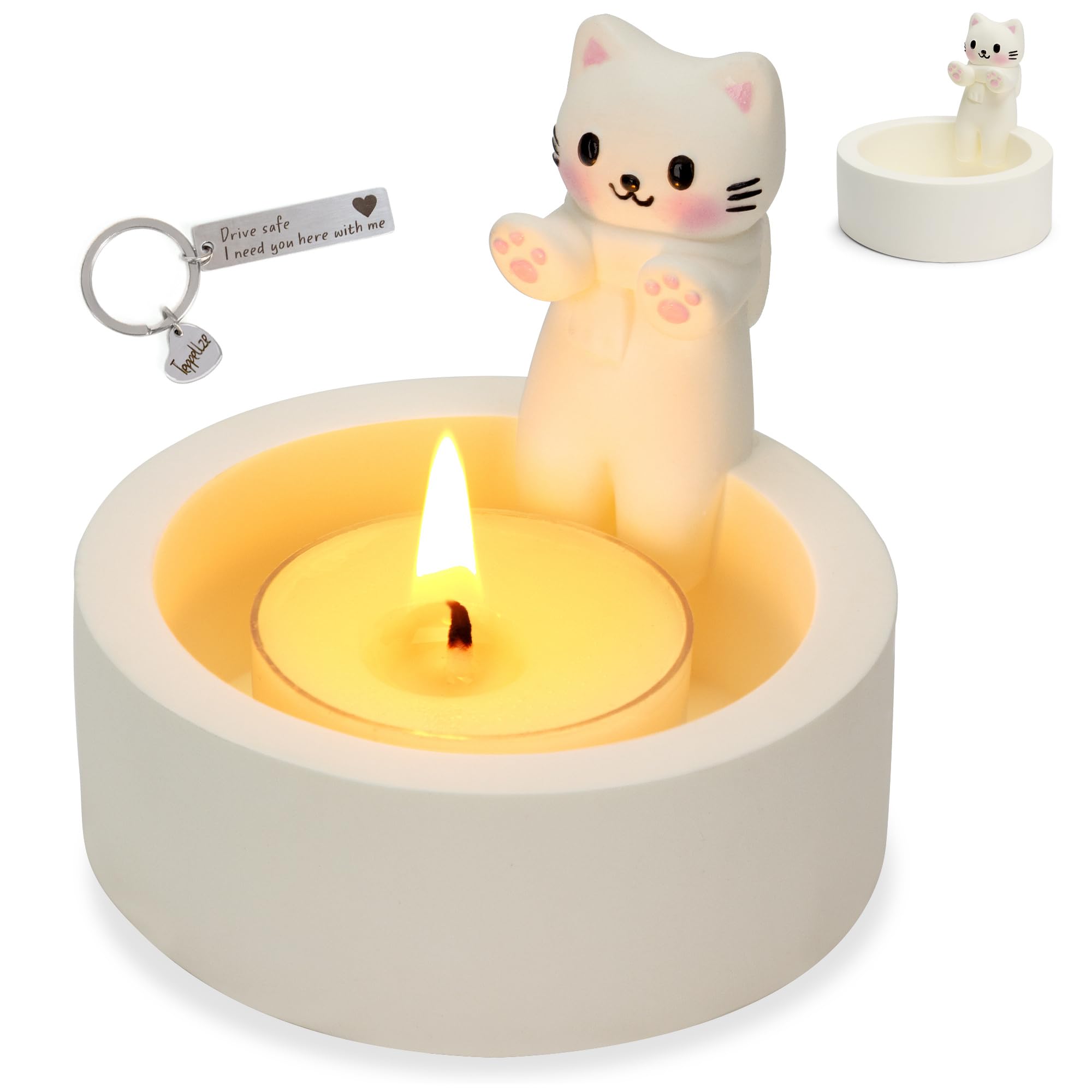 Teppellze Cat Candle Holder Cute Kitty Cartoon Kitten Candle Holder Warming Paws Plaster Handmade Tea Light Candle Sticks Holder Home Decor Gifts for Cat Lovers with Keychain for Free.