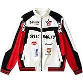 GORGLITTER Men's Varsity Bomber Jacket Y2K Graphic Zip Up Racer Jackets Color Block Motorcycle Biker Coats Streetwear