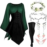 Renaissance Dresses Medieval Costume for Women Fairy Crown Elf Ear Cuffs Irish Dress Halloween Cosplay