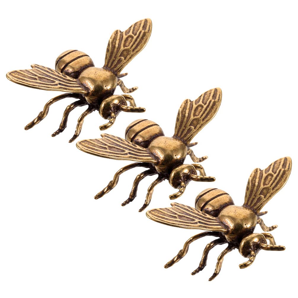Gold Bee Figurines 3pcs Brass Bee Figurines Mini Retro Bee Statues Golden Vintage Bee Sculpture Feng Shui Animal Ornament Insects Collectible Figures for Decorations