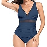 Forllori Women's V Neck One Piece Swimsuit Mesh Panel Tummy Control Ruched Slimming Bathing Suit Vintage