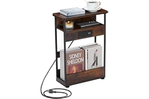 YEAKOO Narrow Side Table With Charging Station, 3-Tier End Table with 2 USB Ports & Power Outlets,Thin Sofa Side Table for Narrow and Small Spaces, Bedside Table Nightstand for Living Room/Rustic Brown