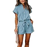 Paintcolors Women's Summer Short Sleeve Button Down Pockets Belted Elastic Waist Solid Color Jumpsuits Rompers