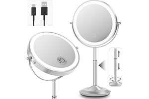 VPU Makeup Mirror with Lights, 1X/30X Lighted Magnifying Mirror Height Adjustable, 3000mAh Rechargeable Double Sided Vanity Mirrors with 3 LED Lighting and Adjustable Brightness for Desk Women Gift