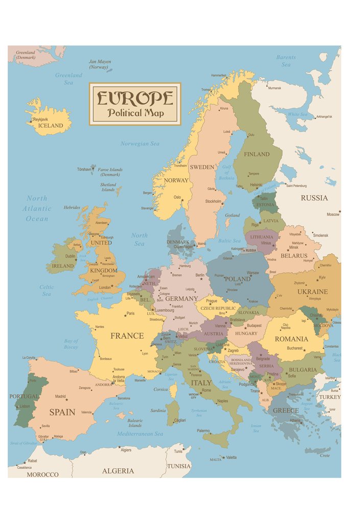 Photo 1 of Vintage Map of Europe - Travel World Political Cities in Detail Poster for Wall Art Decor - Geographical Illustration Tourist Destinations Cool Print 12x18