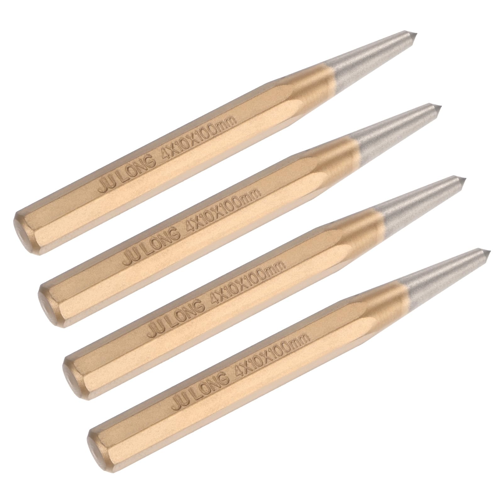 M METERXITY 4-Pack Center Punch 4mm Shank Point, 10x100mm Alloy Steel Center Punch Tool, Impact Resistant Metal Punch Center for Mark/Drilling/Punching/Scribing/Locator/Starting Nail [Golden]