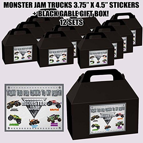 Monster Jam Trucks Party Favor Boxes with Thank you Decals Stickers Loots Black Birthday Shower 12 PIECES GREAT SELLER