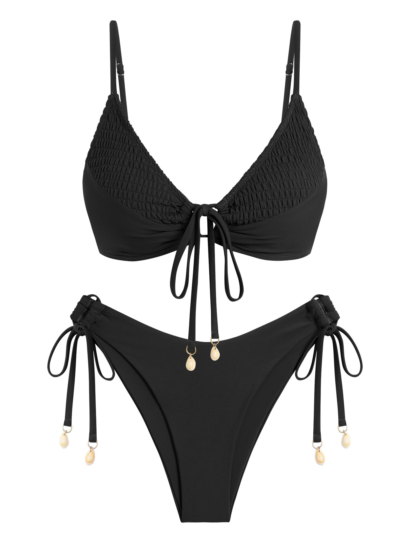 Photo 1 of ZAFUL Women's Triangle Bikini Set O Ring Tie String Two Piece Swimsuit 2025 Smocked High Cut Bathing Suit Black