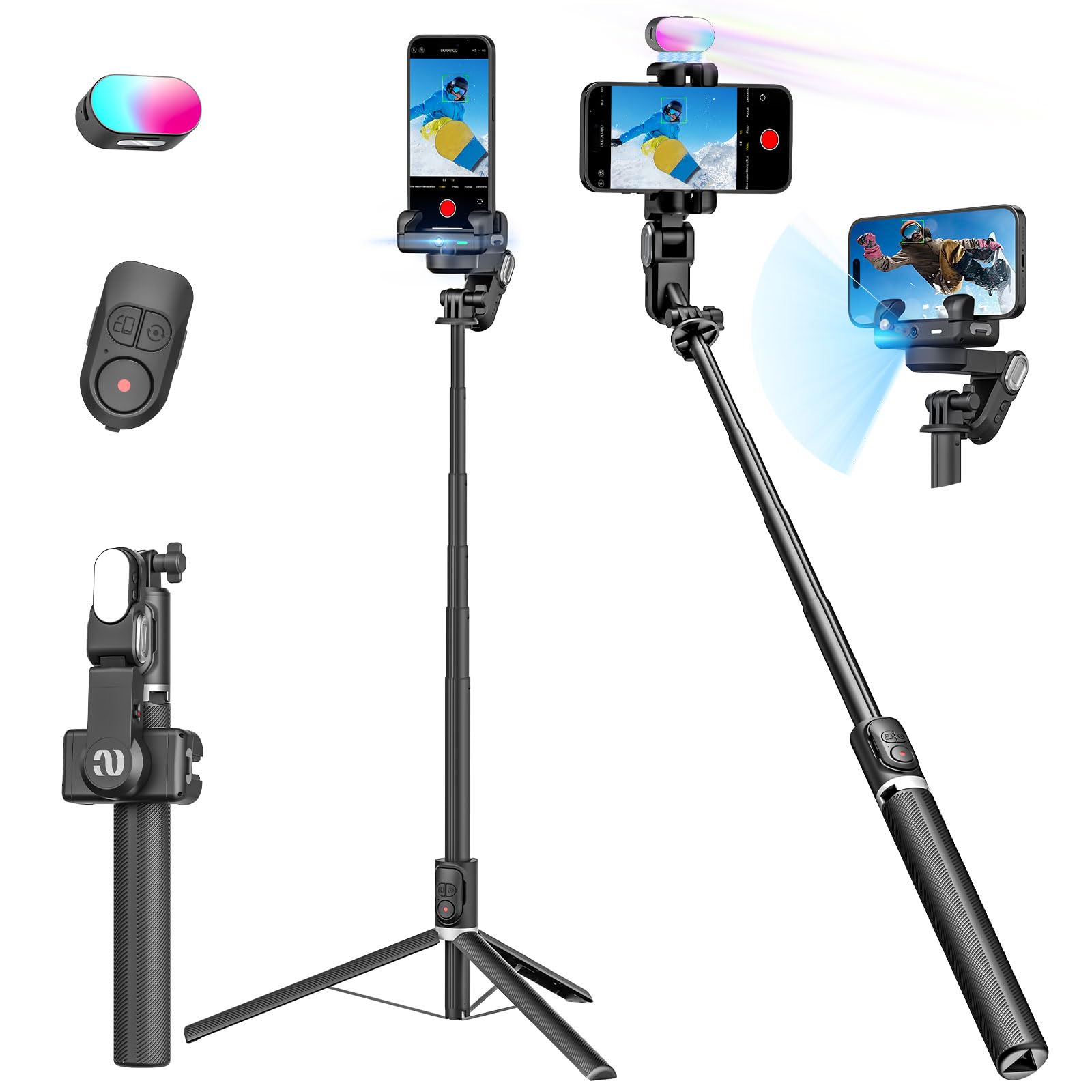 AOCHUAN Gimbal Stabilizer Face Tracking Without APP, 4 in 1 RGB Light Stabilizer, Handheld Portable Phone Tripod for iPhone&Android, Built-in Extension 108cm, AOCHUAN M2PRO Black