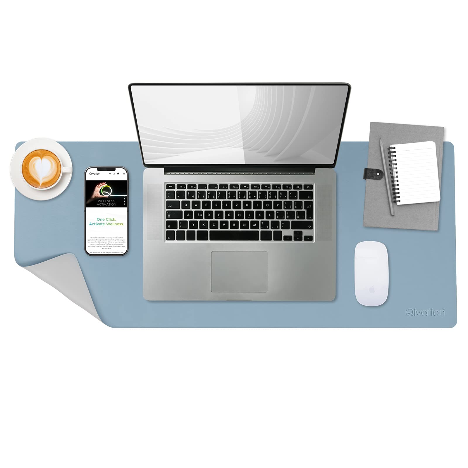 Qivation TiO2 Desk Mat Japan Tech 24/7 Air Purification, PU Leather Desk Blotter, Waterproof, Mousepad, Laptop, Kids writing, Gaming, Office and Home, Dual-Sided (40cm x 80cm)(Blue & Silver)