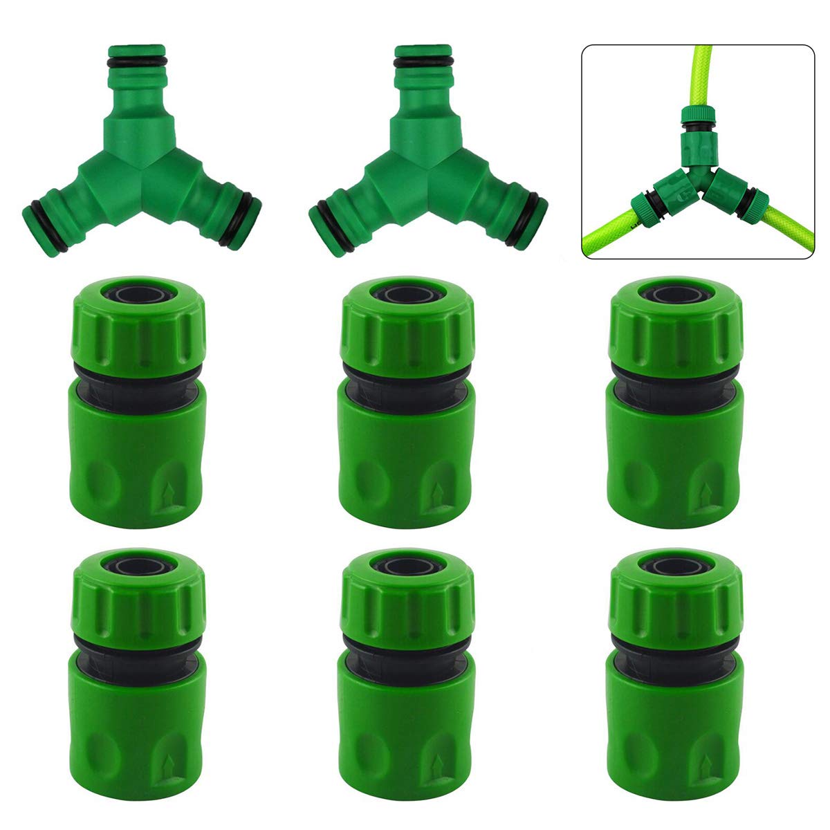 Hose Connector, Hose Pipe Connectors and Fittings, 1/2" Plastic Outside Tap Connector 2 PCS Snap On HosePipe Splitter 3 Way & 6 PCS HosePipe End Quick Connectors, 0.5 Inches