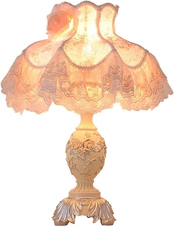 Amazon ヨーロピアンスタイルのテーブルランプ手作りライトオレンジレースファブリックランプシェードアンティーク天然樹脂彫刻ランプ 本体寝室のリビングルーム用のプリンセスデスクランプ Ycym テーブルランプ
