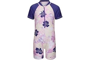 MOON TREE Girls Short Sleeve Rash Guard One Piece Swimsuits Zipper Front Bathing Suit Sun Protection 3-16 Years