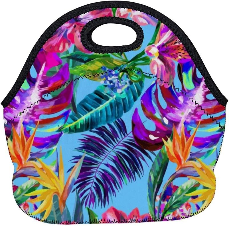 Women Men Insulated Neoprene Lunch Bag with Zipper, Portable Bento Pouch Reusable Lunchbox Tote for School Work Picnic, Island Style Floral Summer Beach Surf with Tropical Leaf