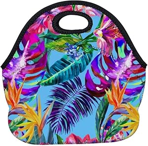 Women Men Insulated Neoprene Lunch Bag with Zipper, Portable Bento Pouch Reusable Lunchbox Tote for School Work Picnic, Island Style Floral Summer Beach Surf with Tropical Leaf