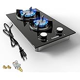 Karinear Gas Cooktop 2 Burner Propane Cooktop, 12 Inch LPG/NG Dual Fuel Gas Stove Top, Built-in Tempered Glass Gas Cooktop for Apartment, Indoor, RV
