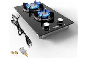 Karinear Gas Cooktop 2 Burner Propane Cooktop, 12 Inch LPG/NG Dual Fuel Gas Stove Top, Built-in Tempered Glass Gas Cooktop for Apartment, Indoor, RV