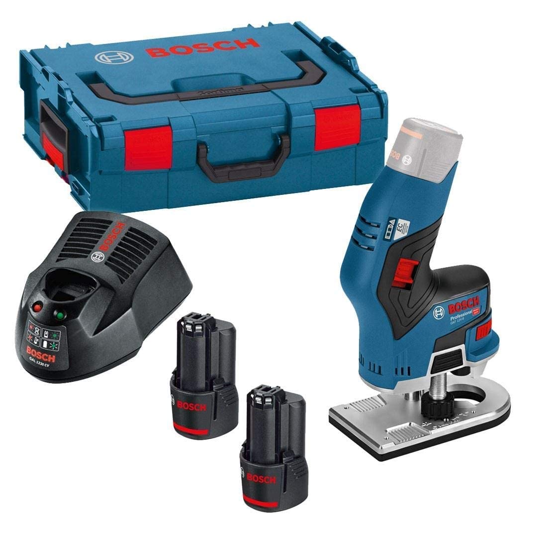 Bosch Professional 12V System Cordless Palm Router GKF 12V-8 (incl. Quick Charger GAL 12V-40, Open-Ended Spanner 17 mm, 2 x Battery GBA 12V 3.0Ah, Collet with nut 1/4", L-BOXX 136)