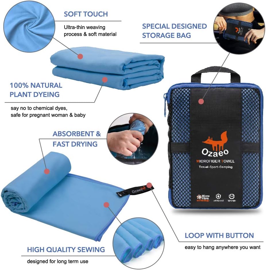 Ozaeo Microfiber Travel Towel, Lightweight Gym Towel, Quick Dry, Super Absorbent Camping Towel for Sports, Backpacking, Swimming, Cycling, Hiking : Sports & Outdoors